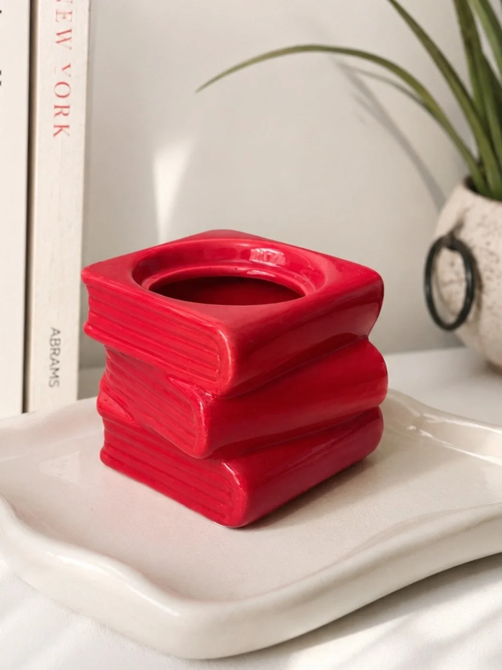 Red Ceramic Succulent Planter Pot Shaped Like a Book Stack